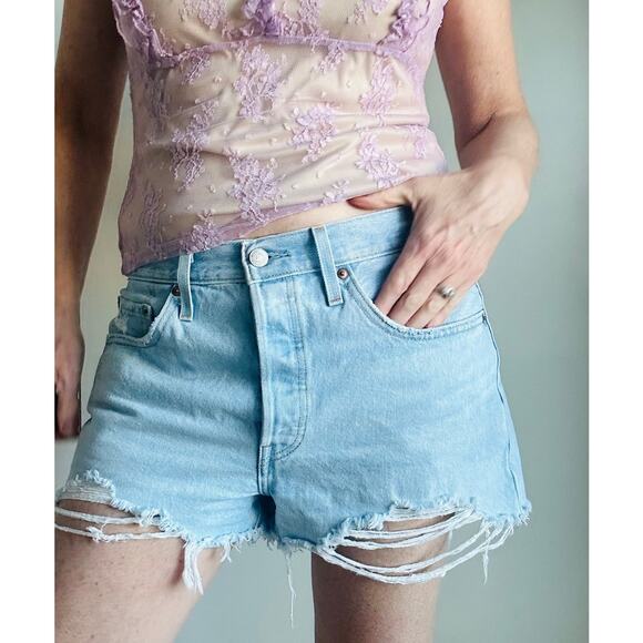 Levi's 501 Cut Off Shorts Light Wash Waist 32 Distressed Ragged Rustic Denim - Picture 1 of 12